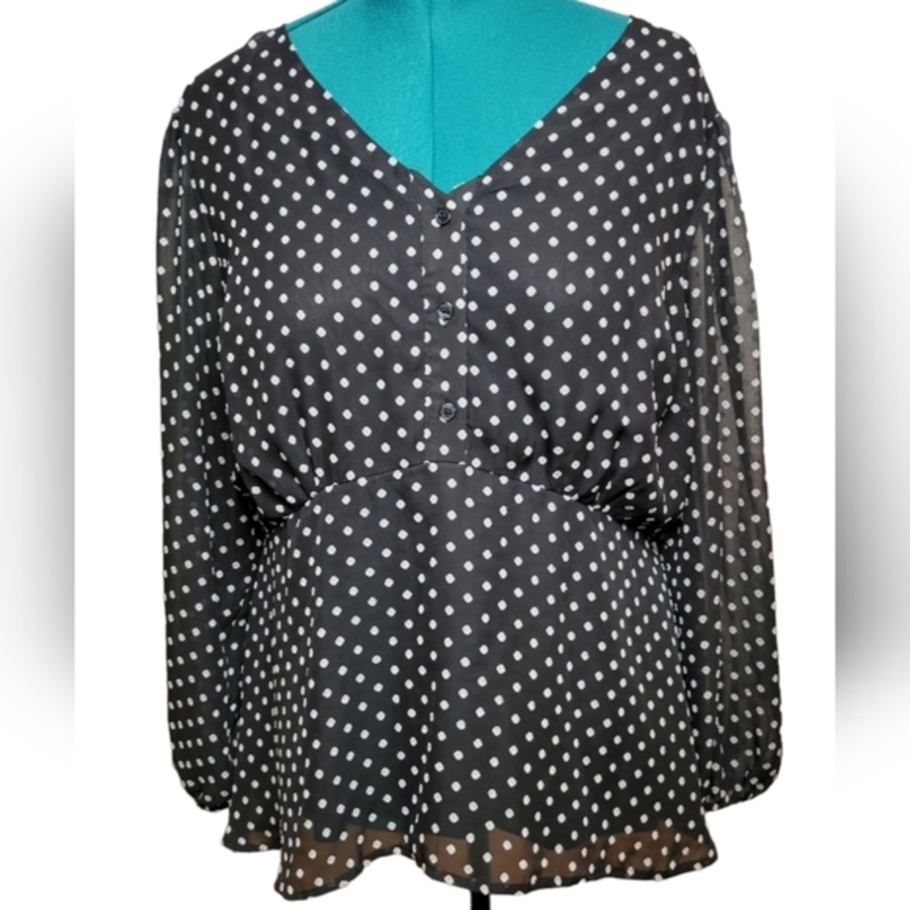 Lane Bryant Blouse Womens 16 Black Polyester Polka Dot Peplum Sheer Sleeve Chic